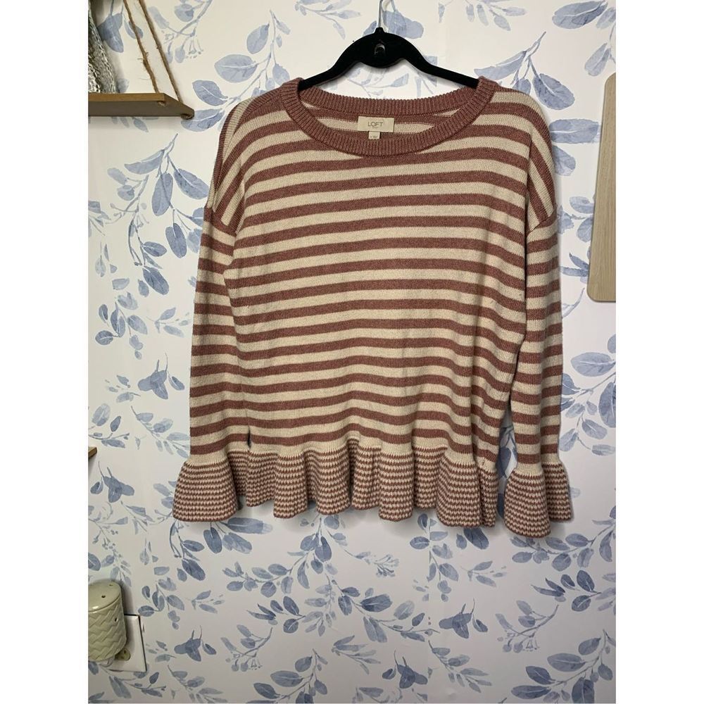 Loft Striped Ruffle Hem Scoop Neck Sweater Size M